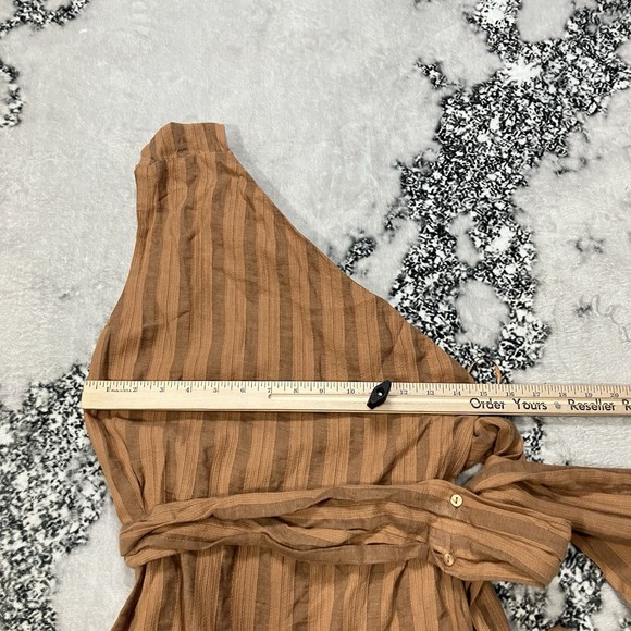 Zara One Shoulder Top NWT Striped Brown Tie Waist Beaded Sleeve Womens Sz XS - Picture 3 of 10